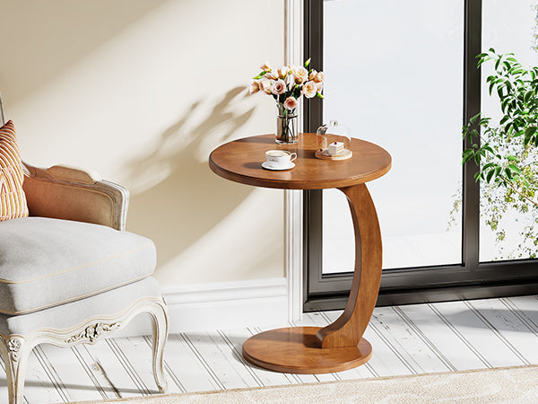 C-Shaped End Table, Round Solid Wood Side Table for Living Room