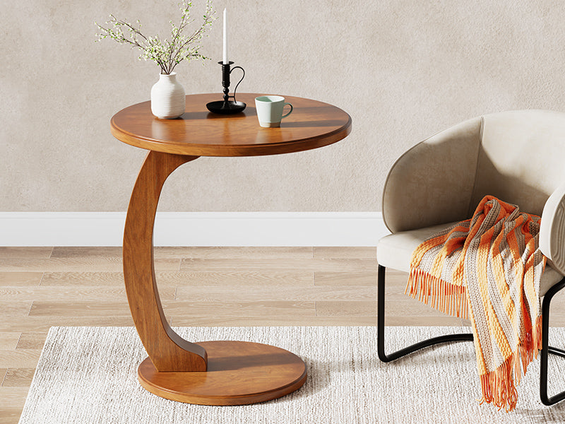 C-Shaped End Table, Round Solid Wood Side Table for Living Room