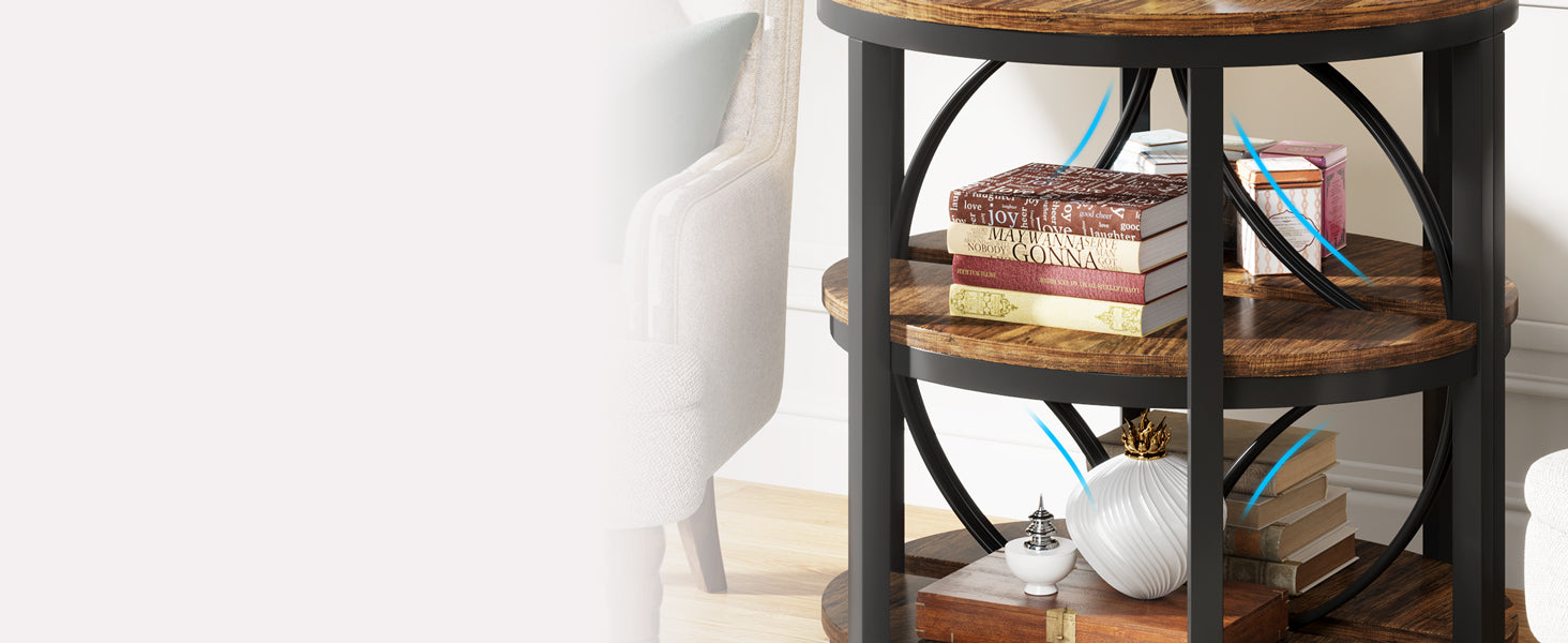 Half-Round End Table, 3-Tier Narrow Side Table with Metal Frame