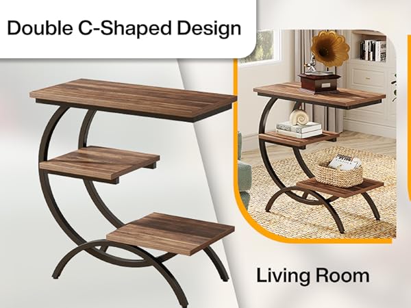 C-Shaped End Table, Industrial 3-Tier Side Table for Small Space