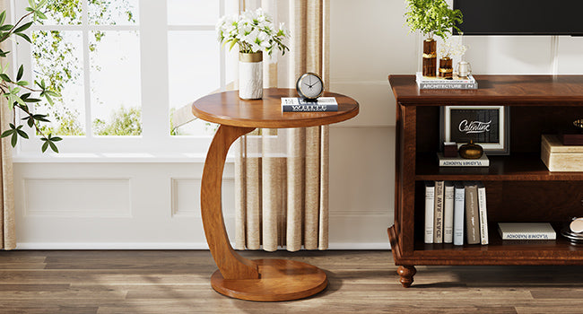 C-Shaped End Table, Round Solid Wood Side Table for Living Room