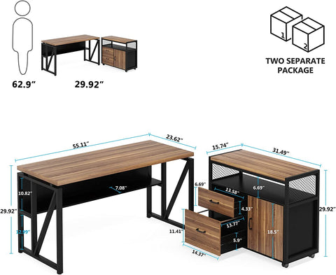 55 inches L-Shaped Executive Desk with Storage Shelves and Mobile File Cabinet(2 Drawers and 1 Storage Compartment) Size
