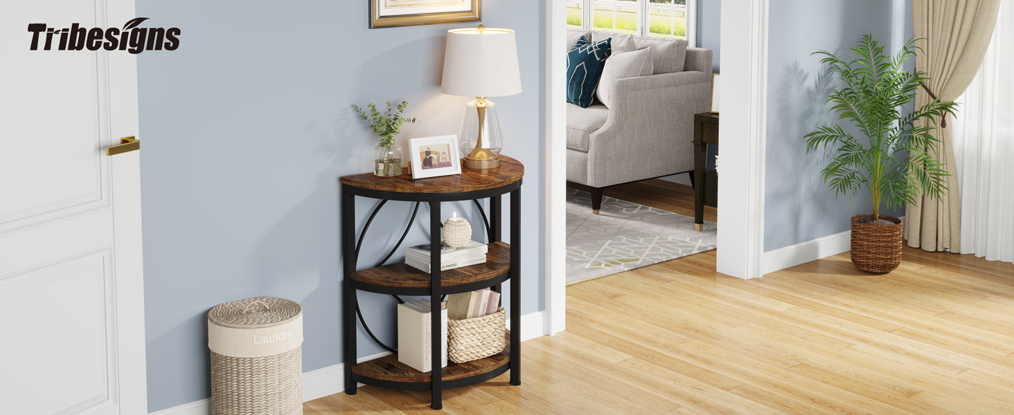 Half-Round End Table, 3-Tier Narrow Side Table with Metal Frame