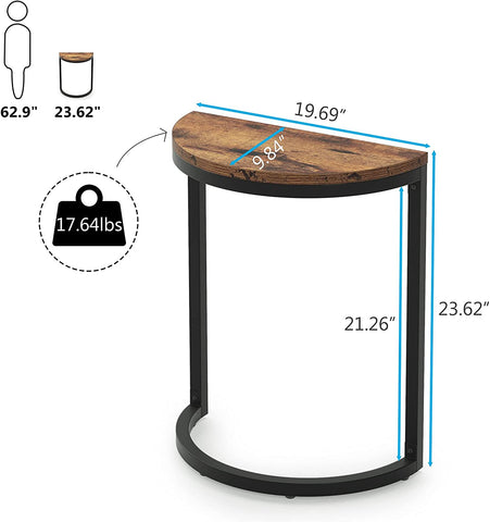 Half Round End Table, Narrow Side Table with Metal Frame