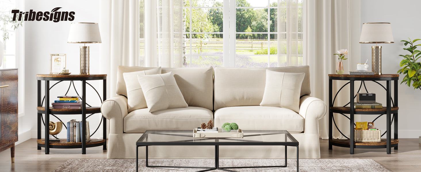 Half-Round End Table, 3-Tier Narrow Side Table with Metal Frame