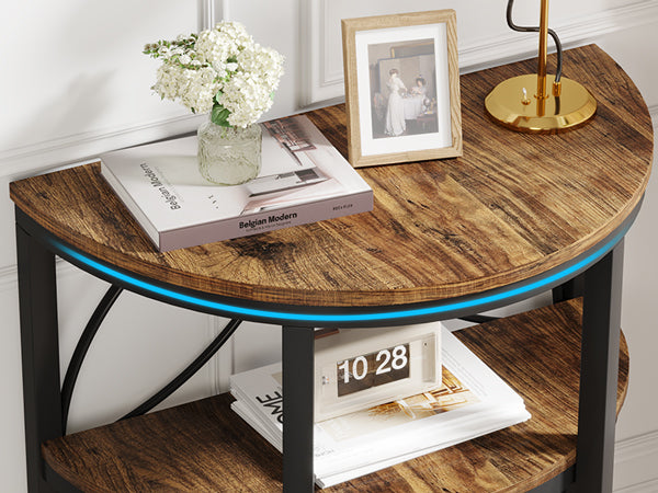 Half-Round End Table, 3-Tier Narrow Side Table with Metal Frame