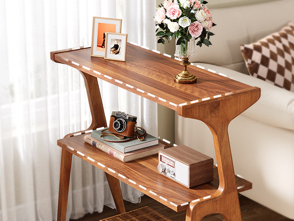 Solid Wood End Table, 2-Tier Sofa Side Table with Storage Shelf