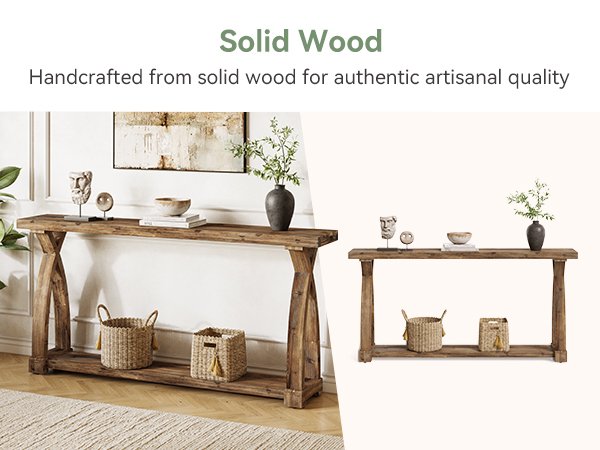 63" Solid Wood Console Table, Narrow Sofa Entryway Table with 2-Tier Storage