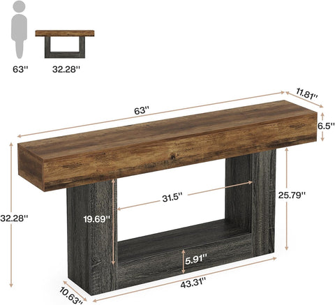 63" Wooden Console Table, Farmhouse 2-Tier Sofa Table Entryway Table