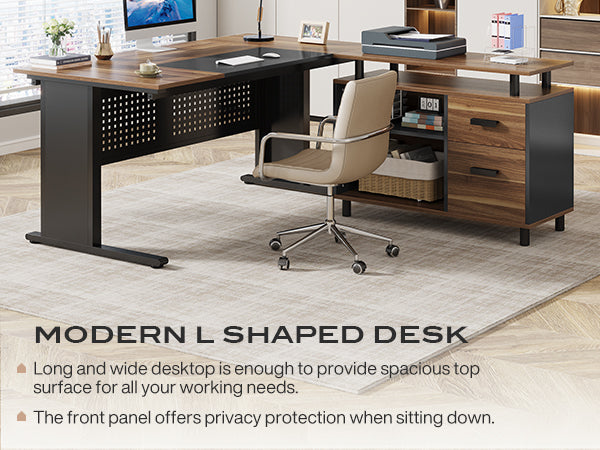 Industrial L-Shaped Desk, 63" Computer Executive Desk with File Cabinet