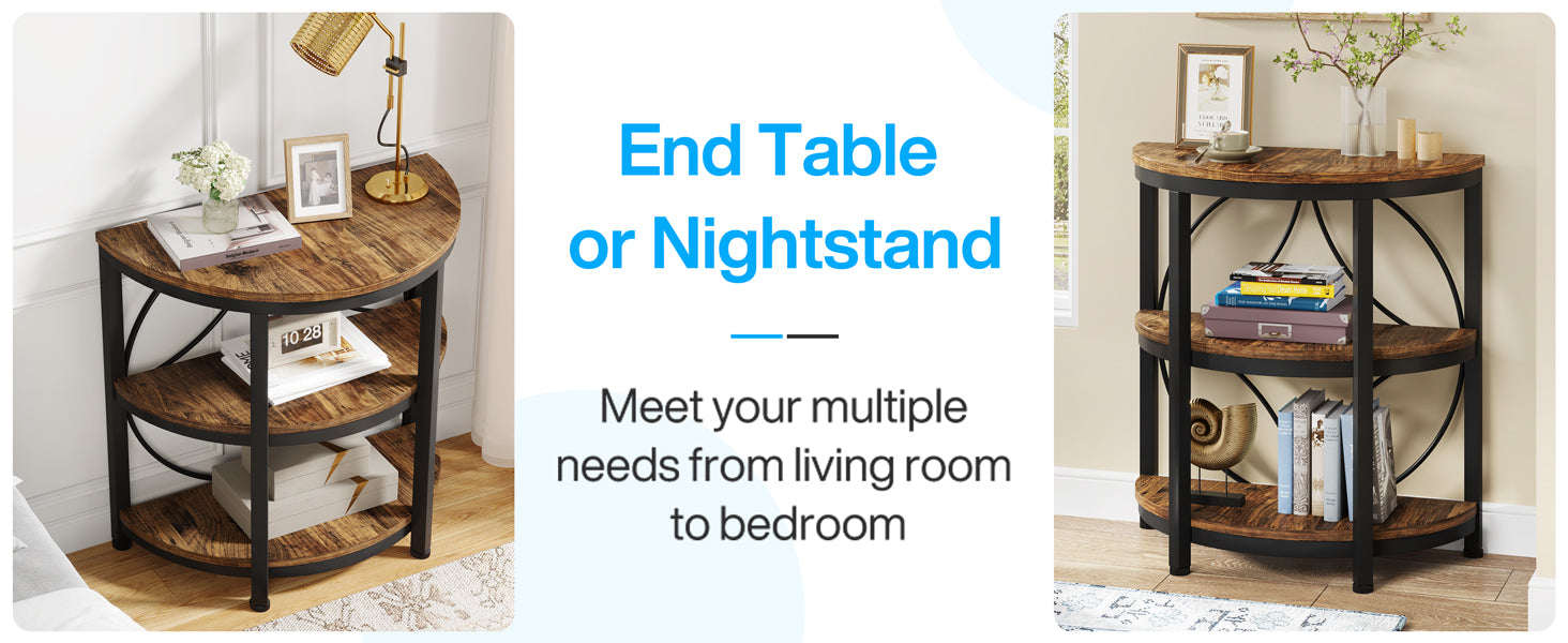 Half-Round End Table, 3-Tier Narrow Side Table with Metal Frame