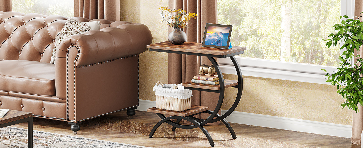 C-Shaped End Table, Industrial 3-Tier Side Table for Small Space