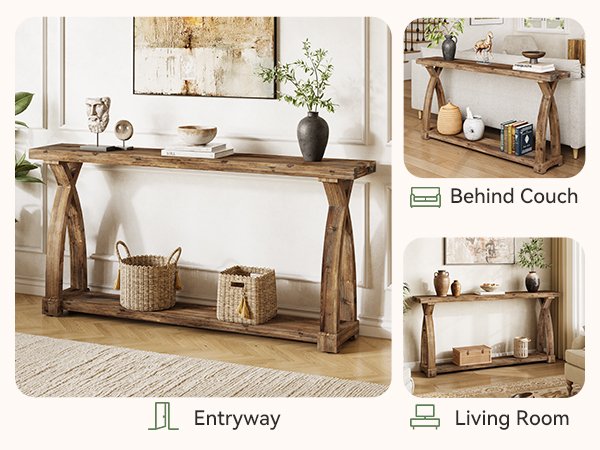 63" Solid Wood Console Table, Narrow Sofa Entryway Table with 2-Tier Storage