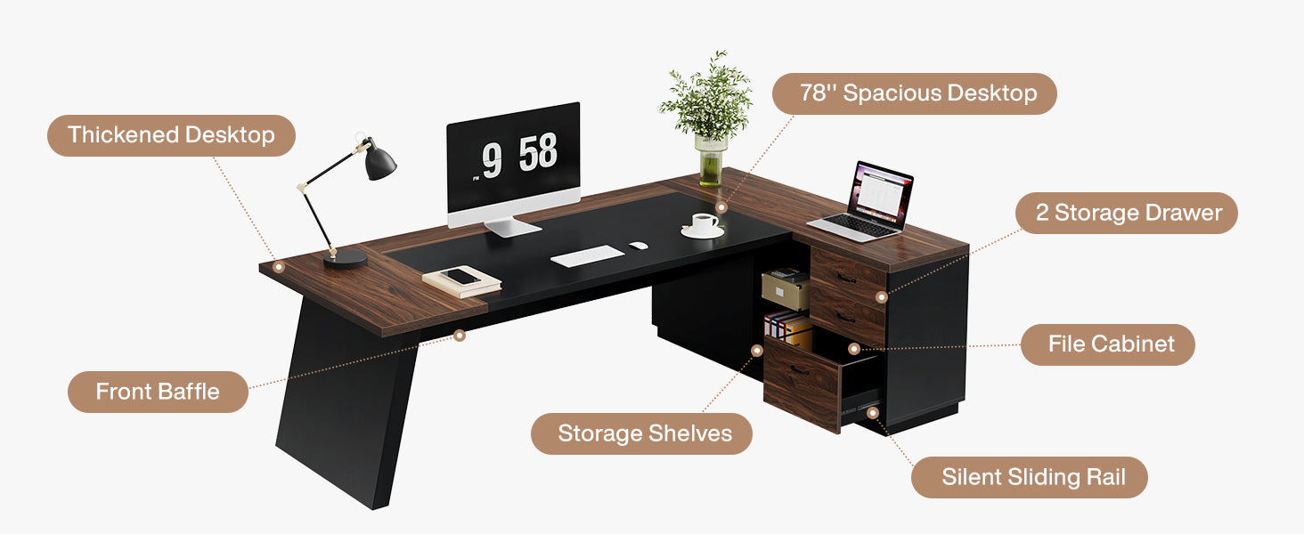 L-Shaped Executive Desk, 78" Office Desk with Drawers and Lateral File Cabinet