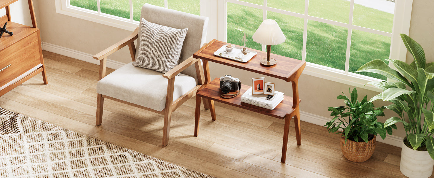 Solid Wood End Table, 2-Tier Sofa Side Table with Storage Shelf
