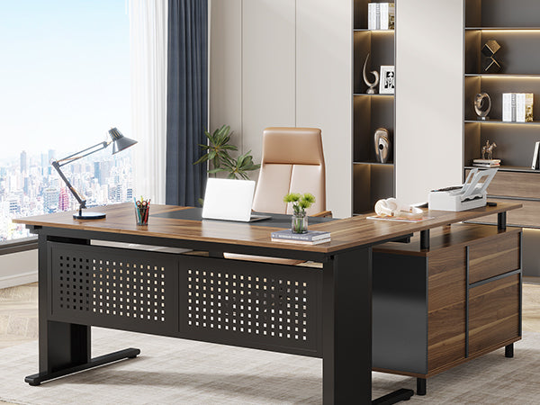 Industrial L-Shaped Desk, 63" Computer Executive Desk with File Cabinet