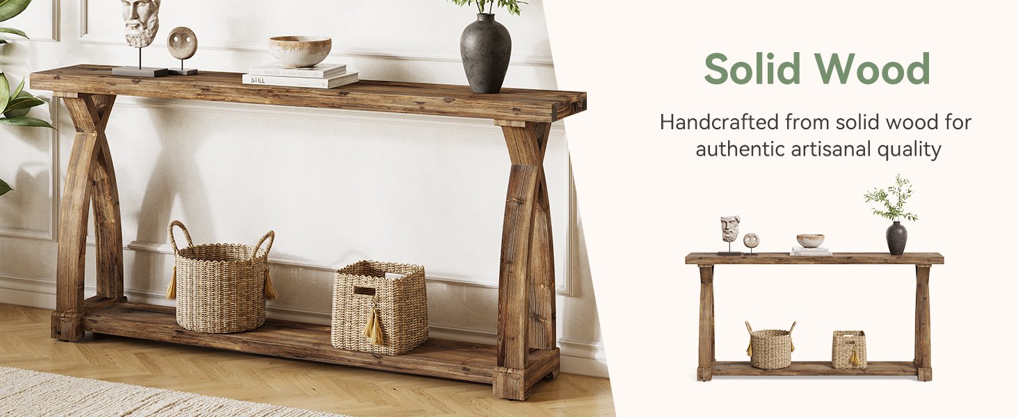 63" Solid Wood Console Table, Narrow Sofa Entryway Table with 2-Tier Storage