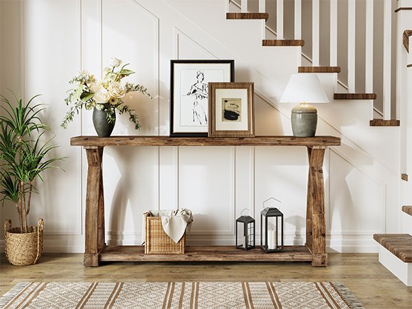 63" Solid Wood Console Table, Narrow Sofa Entryway Table with 2-Tier Storage