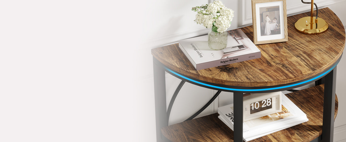 Half-Round End Table, 3-Tier Narrow Side Table with Metal Frame