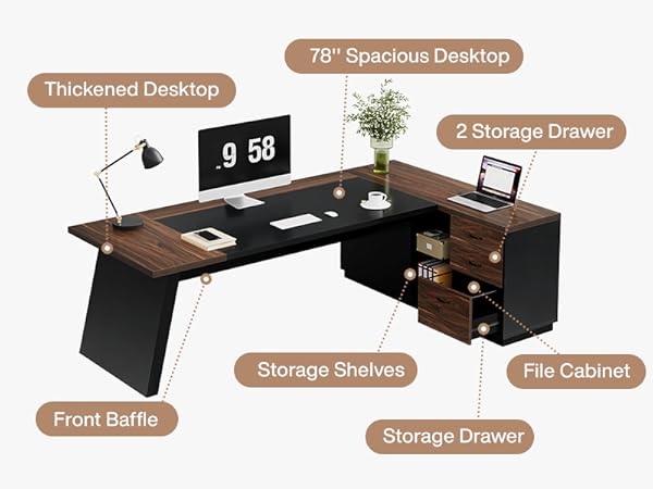 L-Shaped Executive Desk, 78" Office Desk with Drawers and Lateral File Cabinet