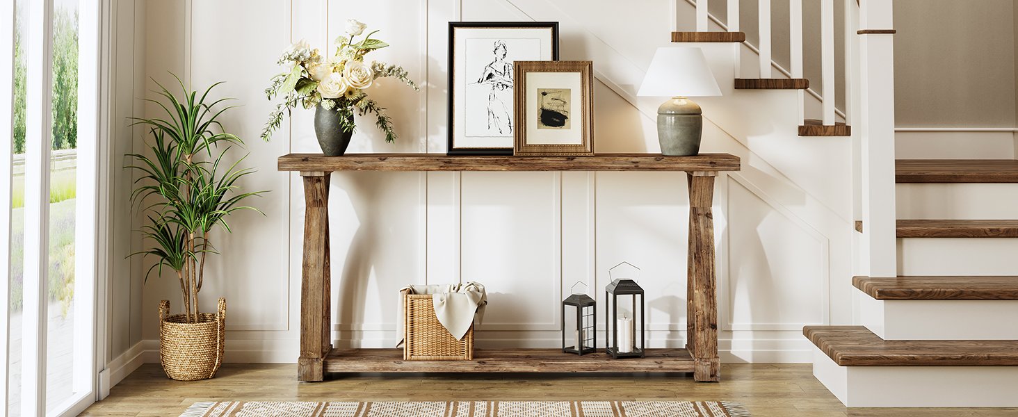 63" Solid Wood Console Table, Narrow Sofa Entryway Table with 2-Tier Storage