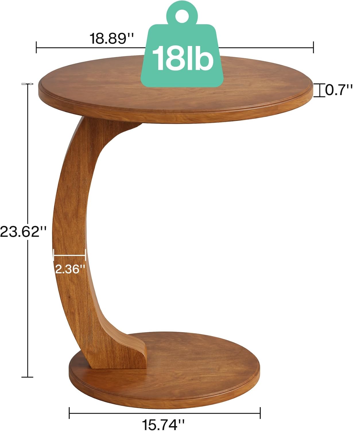 C-Shaped End Table, Round Solid Wood Side Table for Living Room