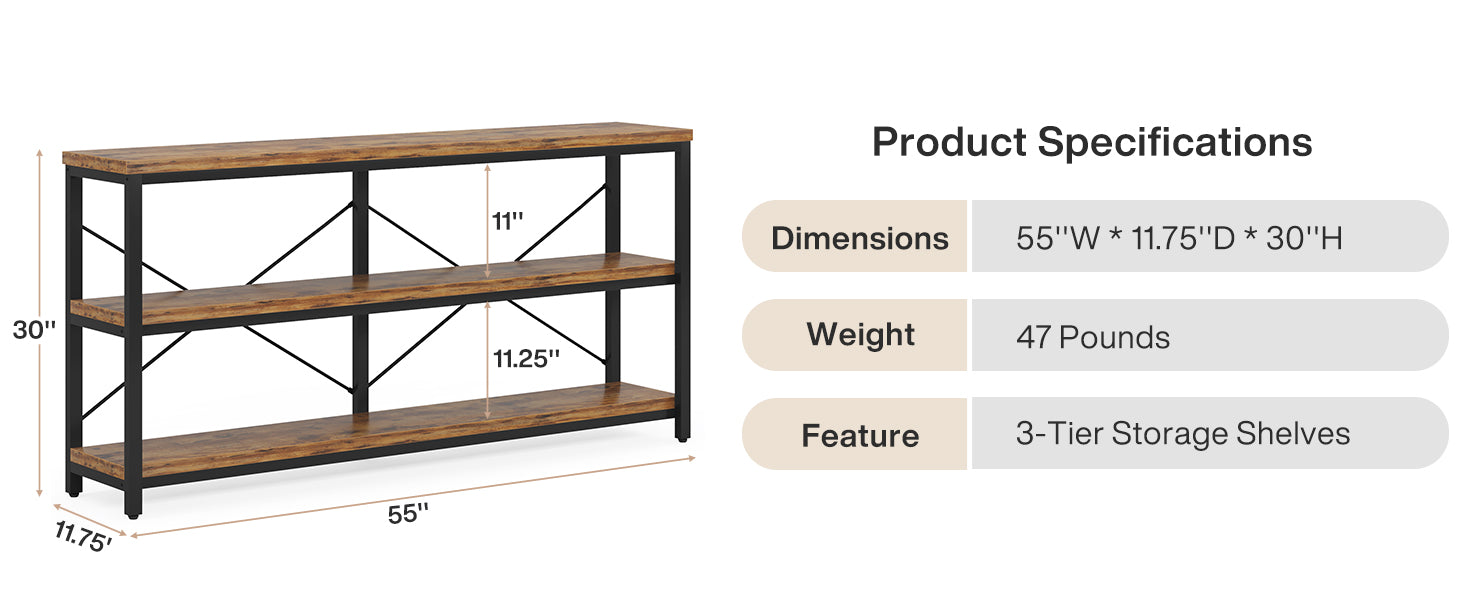55" Console Table, Sofa Table TV Stand with 3-Tier Storage Shelves