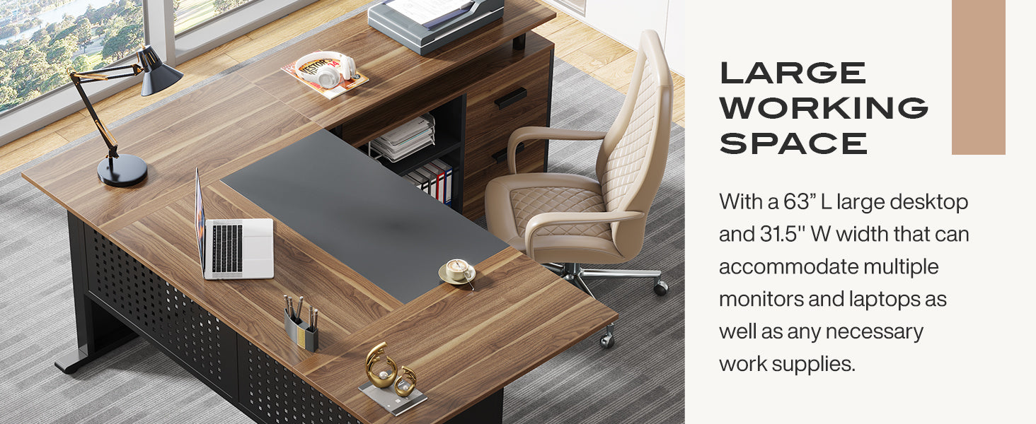 Industrial L-Shaped Desk, 63" Computer Executive Desk with File Cabinet