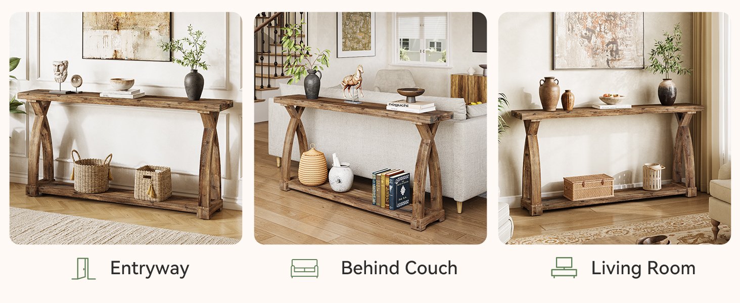 63" Solid Wood Console Table, Narrow Sofa Entryway Table with 2-Tier Storage