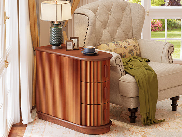Wood End Table, Narrow Side Table Nightstand with 3-drawer