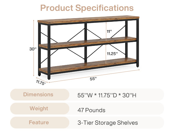 55" Console Table, Sofa Table TV Stand with 3-Tier Storage Shelves