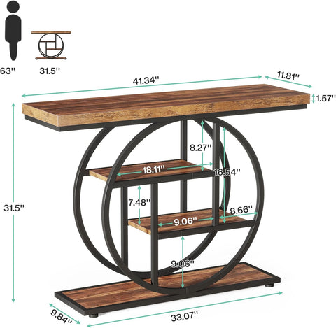 41.3" Console Table, Industrial 4-Tier Sofa Entryway Table with Circle Base