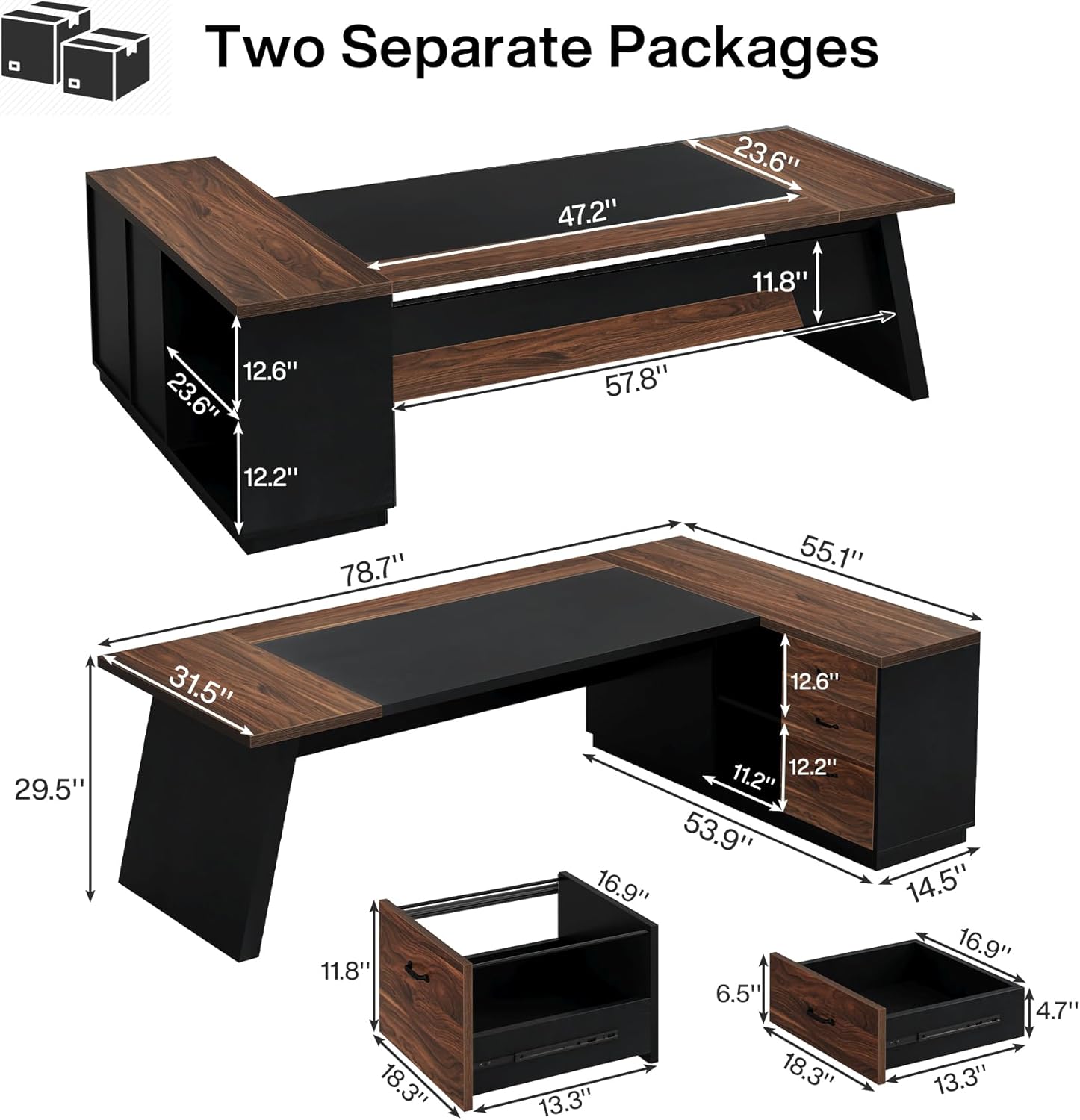 L-Shaped Executive Desk, 78" Office Desk with Drawers and Lateral File Cabinet