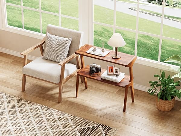 Solid Wood End Table, 2-Tier Sofa Side Table with Storage Shelf