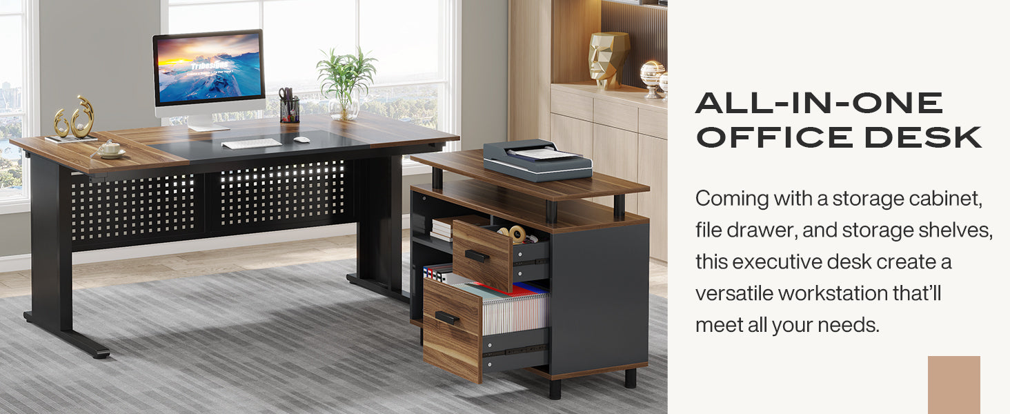 Industrial L-Shaped Desk, 63" Computer Executive Desk with File Cabinet