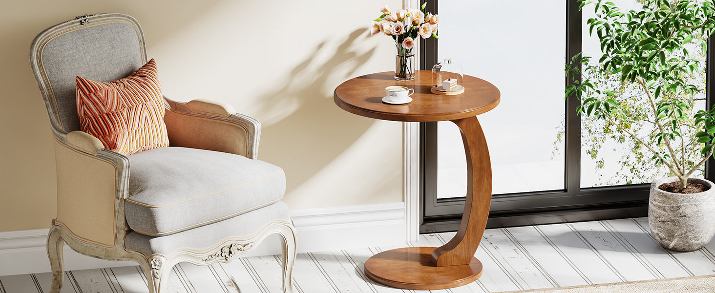 C-Shaped End Table, Round Solid Wood Side Table for Living Room