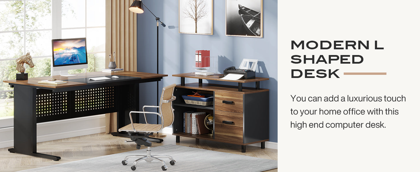 Industrial L-Shaped Desk, 63" Computer Executive Desk with File Cabinet