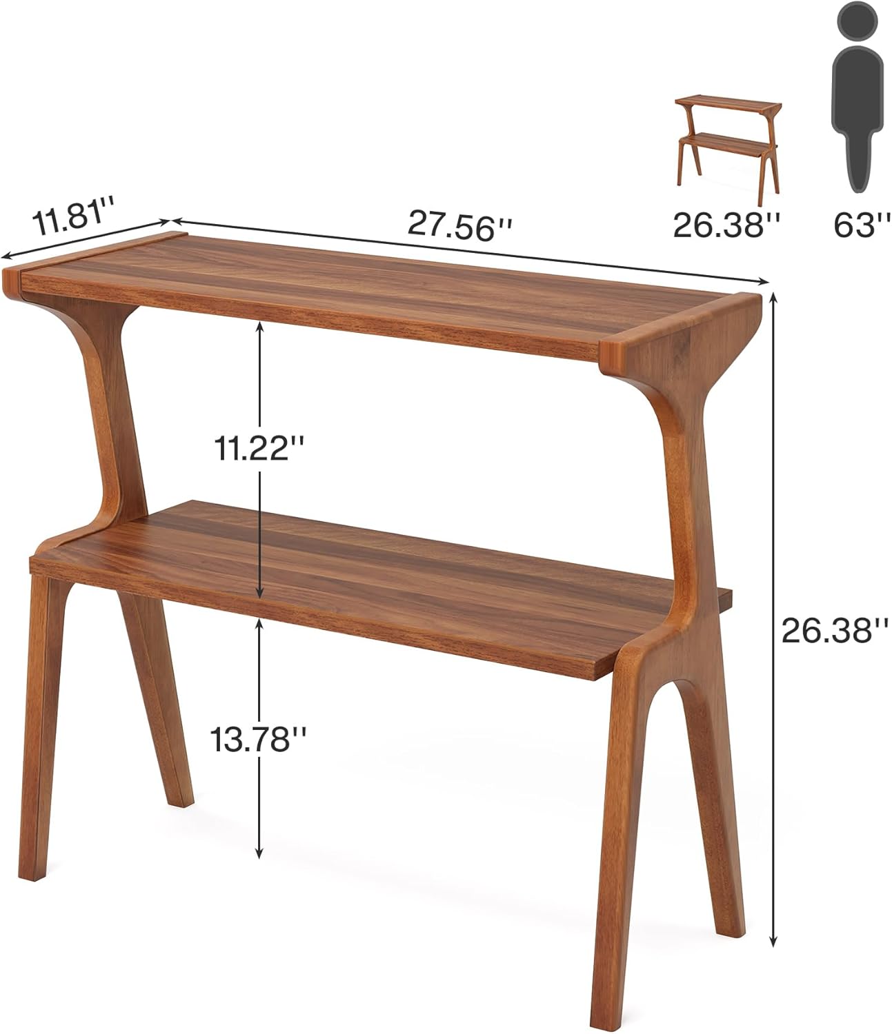 Solid Wood End Table, 2-Tier Sofa Side Table with Storage Shelf