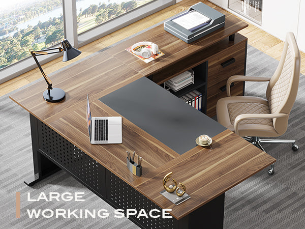 Industrial L-Shaped Desk, 63" Computer Executive Desk with File Cabinet
