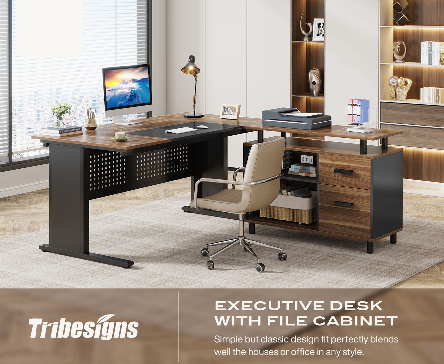 Industrial L-Shaped Desk, 63" Computer Executive Desk with File Cabinet