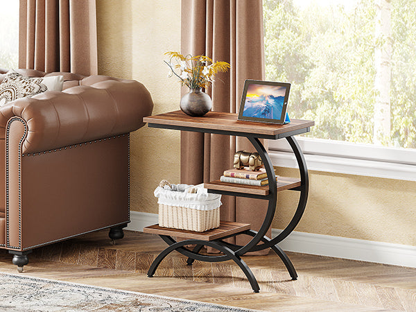 C-Shaped End Table, Industrial 3-Tier Side Table for Small Space