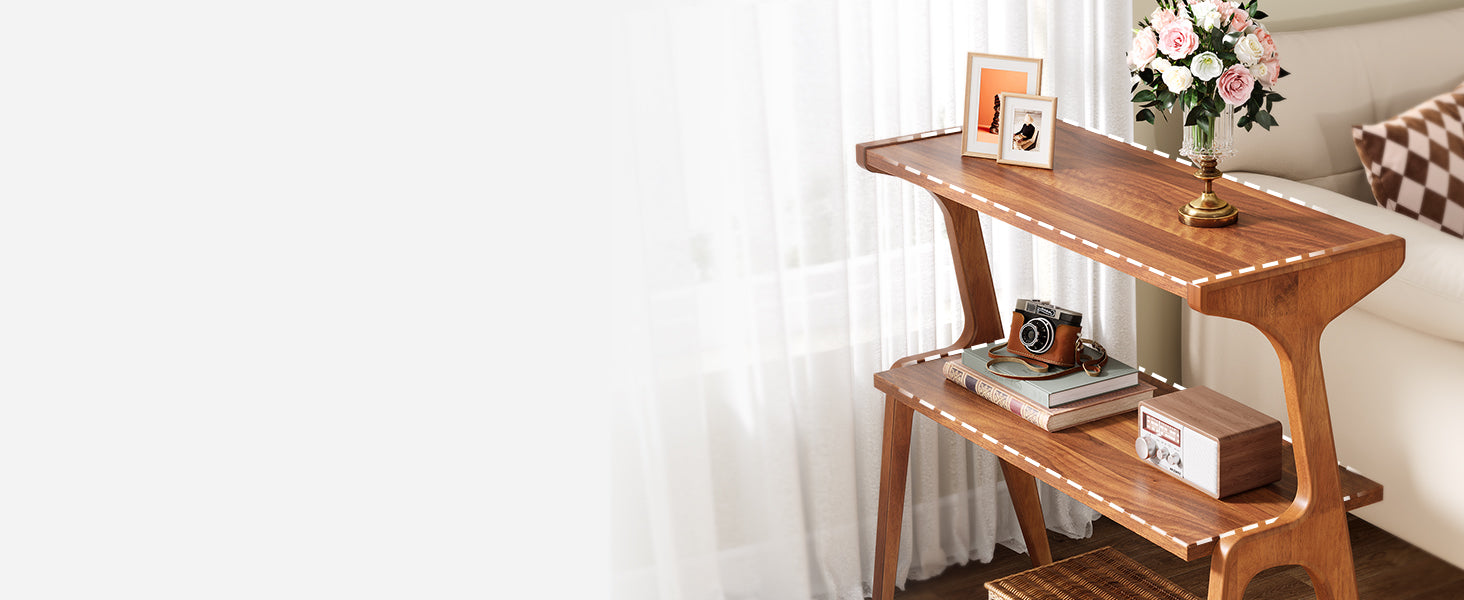 Solid Wood End Table, 2-Tier Sofa Side Table with Storage Shelf