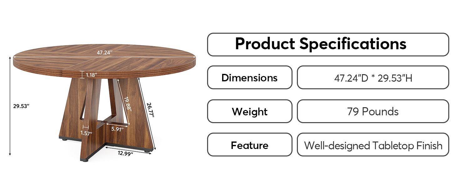 Round Dining Table for 4, 47" Wooden Kitchen Table Farmhouse Dinner Table