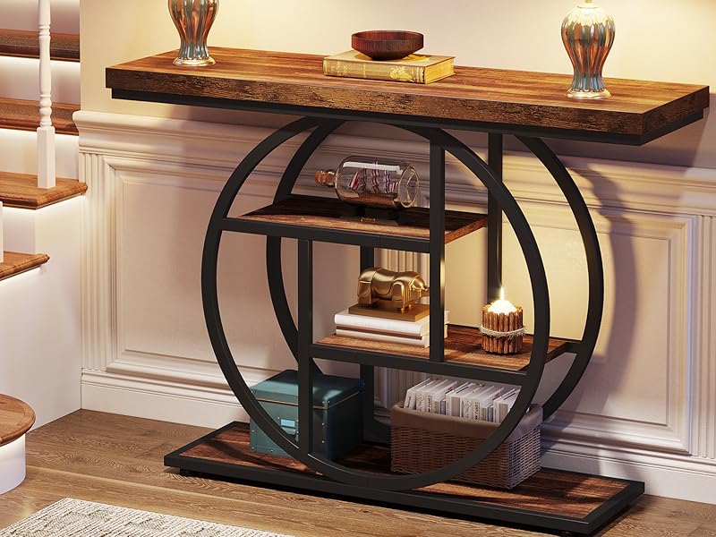 41.3" Console Table, Industrial 4-Tier Sofa Entryway Table with Circle Base