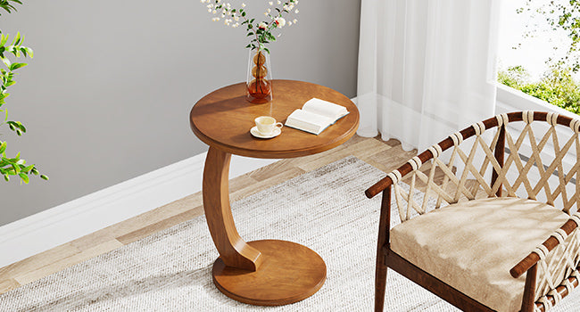 C-Shaped End Table, Round Solid Wood Side Table for Living Room