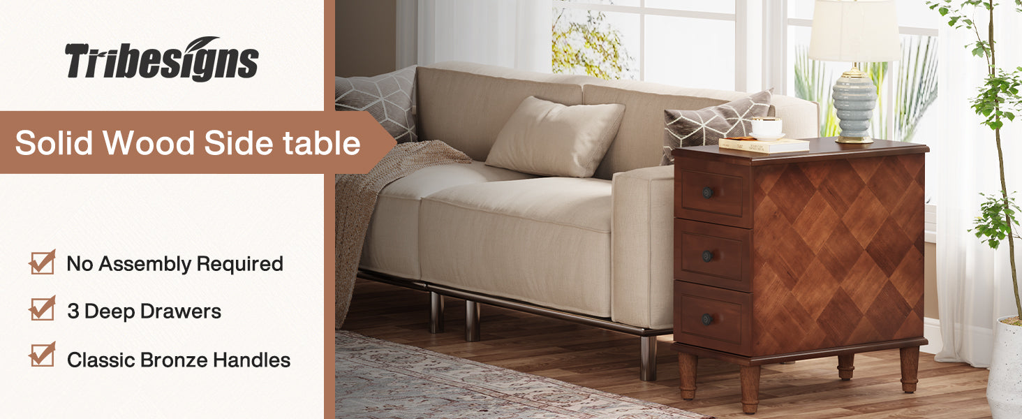 Wood Nightstand, Fully Assembled Narrow Side Table with 3 Drawers