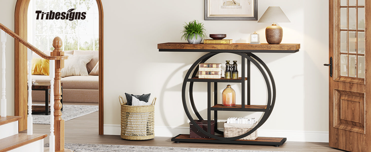 41.3" Console Table, Industrial 4-Tier Sofa Entryway Table with Circle Base