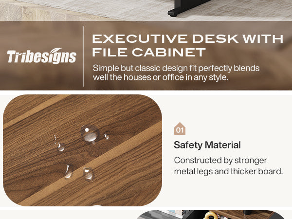 Industrial L-Shaped Desk, 63" Computer Executive Desk with File Cabinet