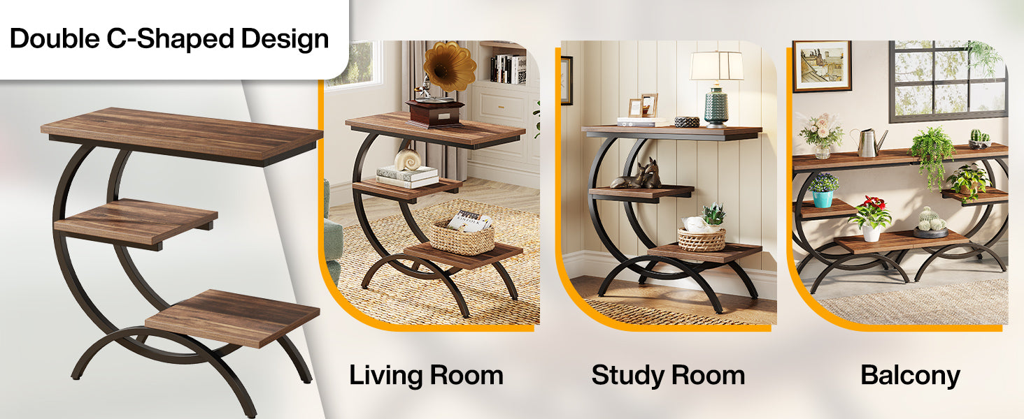 C-Shaped End Table, Industrial 3-Tier Side Table for Small Space