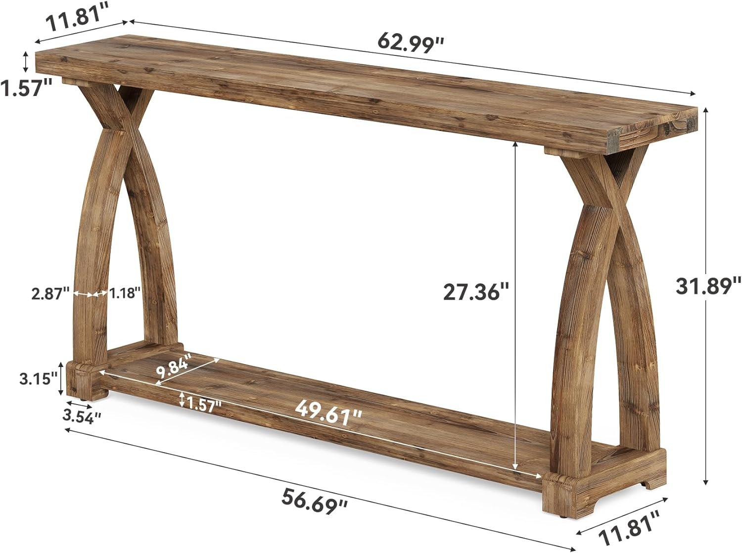 63" Solid Wood Console Table, Narrow Sofa Entryway Table with 2-Tier Storage